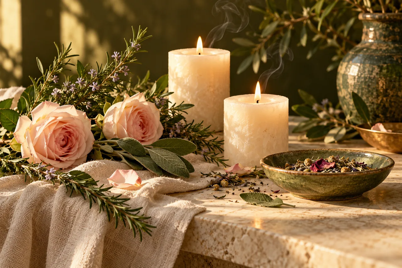 Velas y rosas en una composición simbólica sobre el amor
